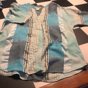 Striped V-Neck Blouse in Blue and Gray